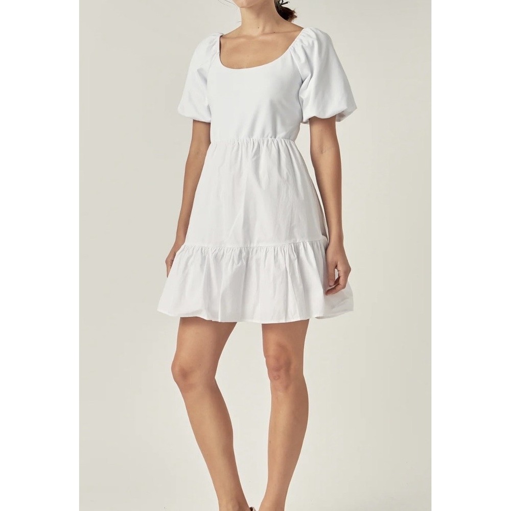 English Factory White Mini Dress Open Back Tie Puff Sleeve Mixed Media Size‎ S